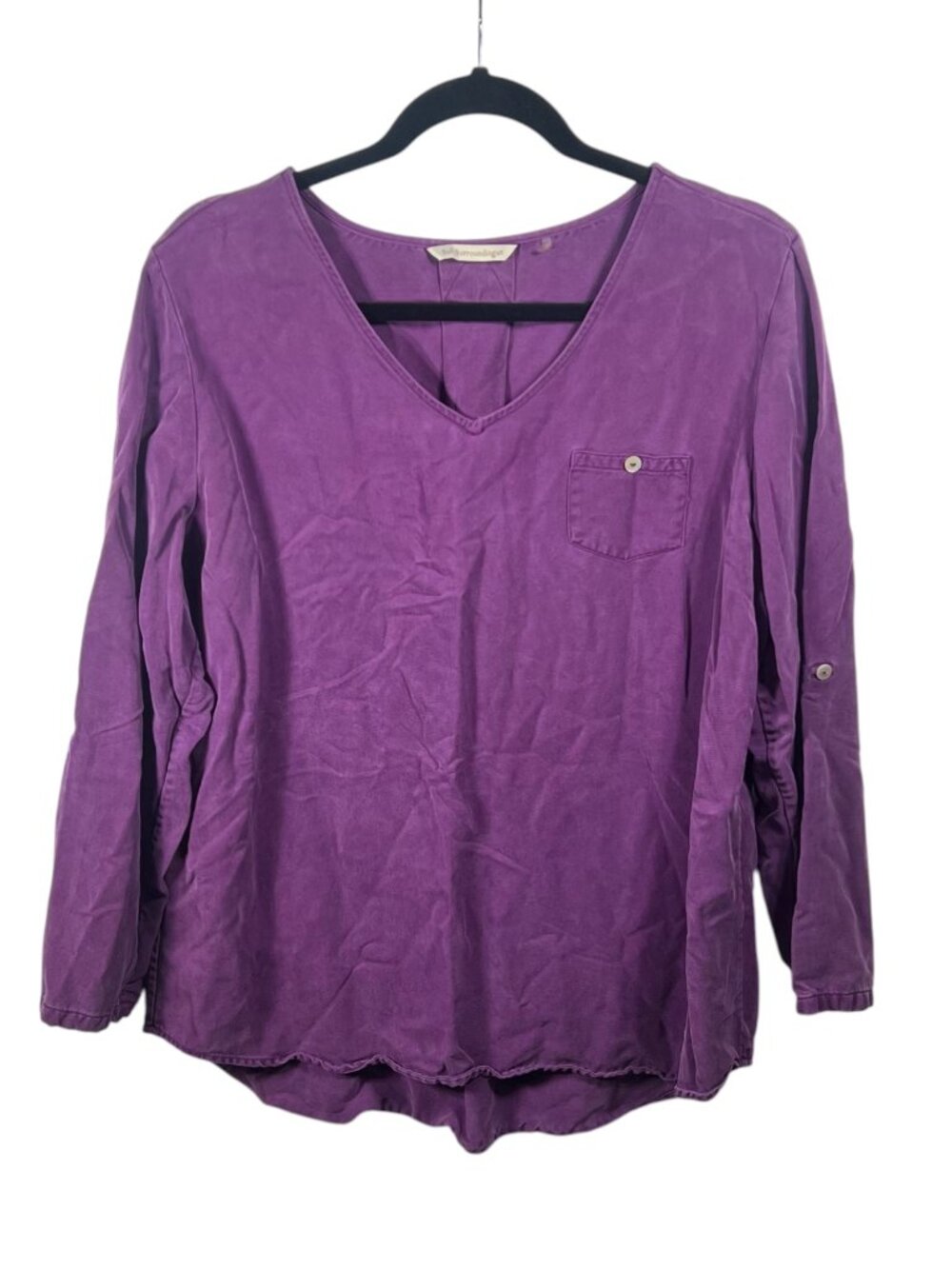 Soft Surroundings Top Womens Large Tunic Long Sleeve Tencel V Neck Roll Tab Boho